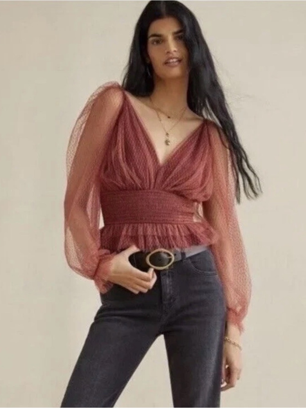 Anthropologie Wine Lace Smocked Top XS